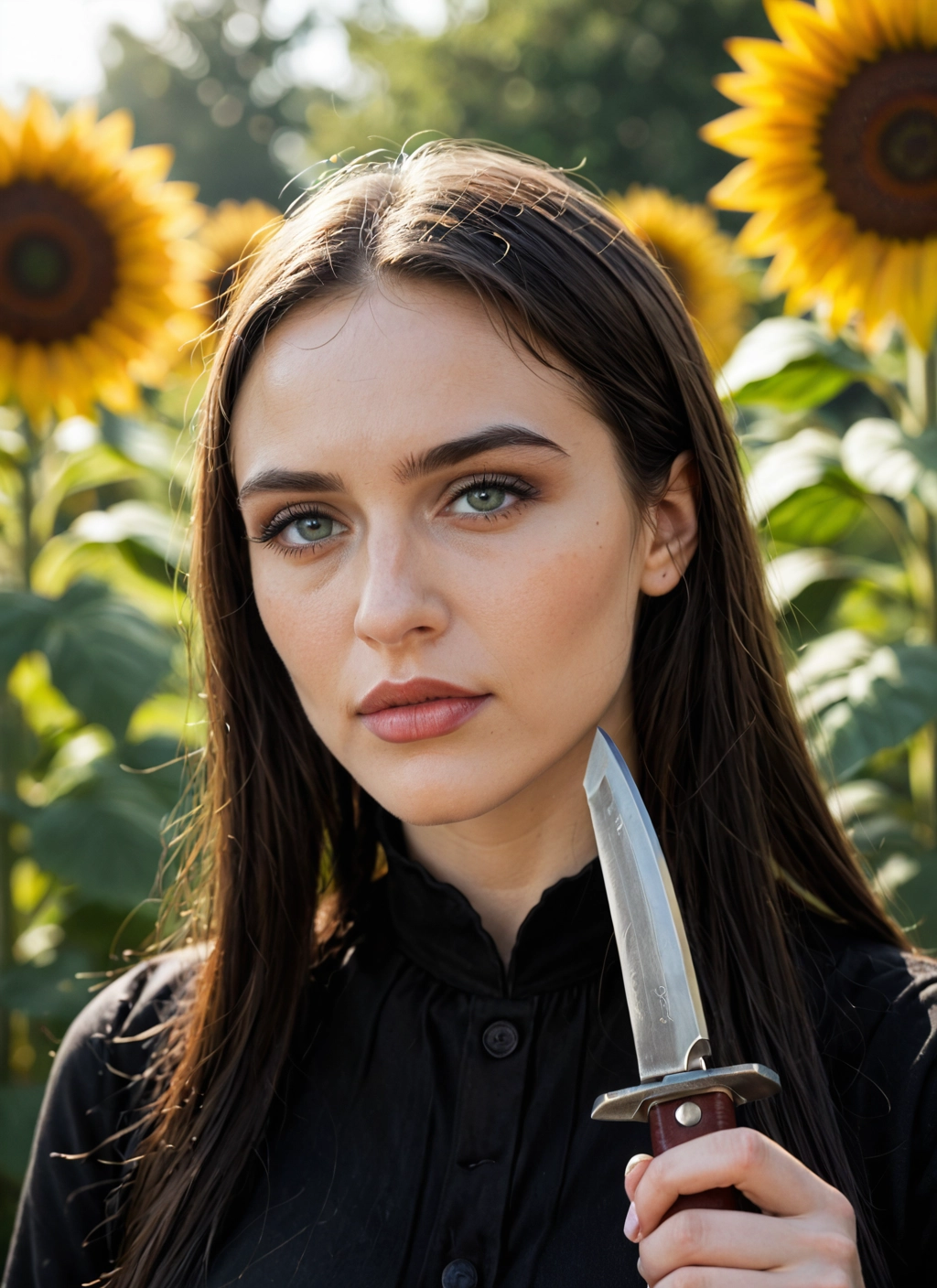 1girl, flower, solo, sunflower, knife, long hair · Yamete.gg