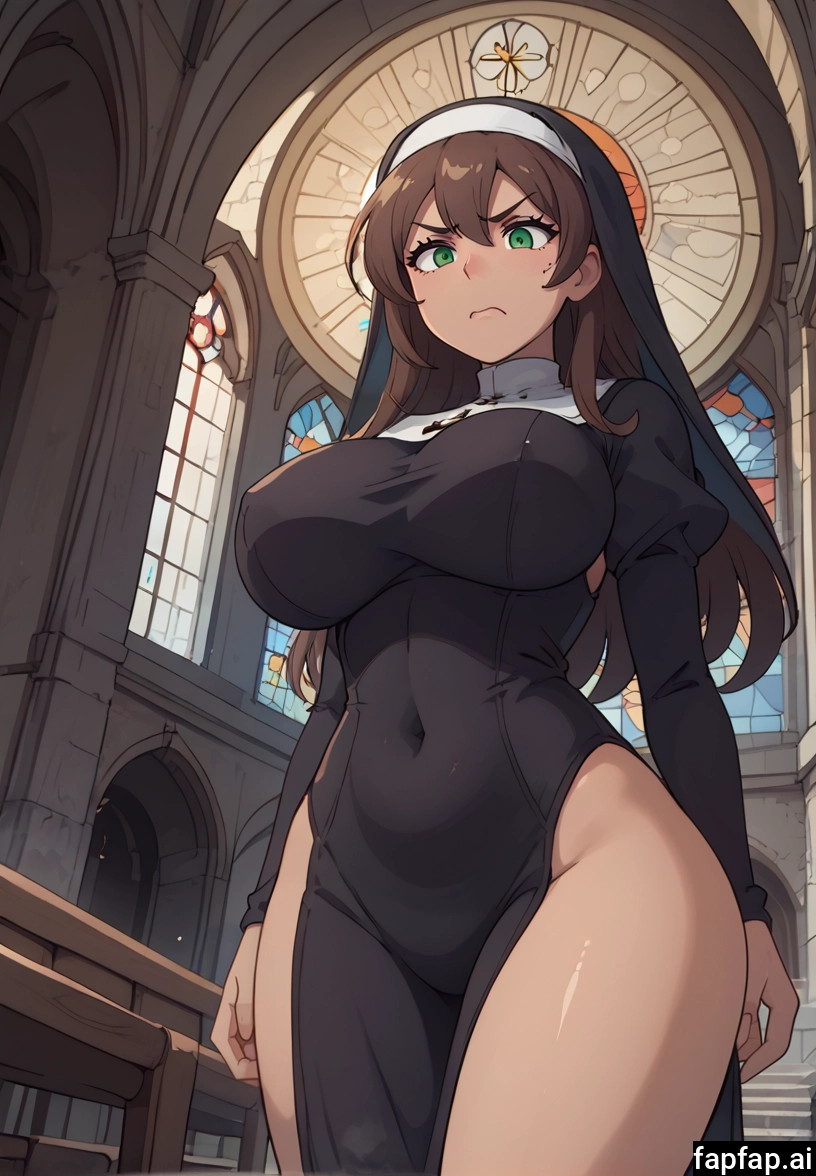 1girl, breasts, large breasts, solo, brown hair, nun · Yamete.gg