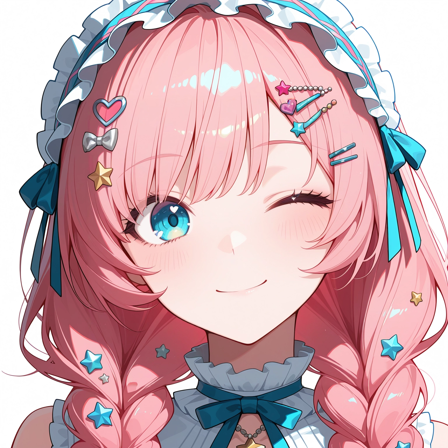 1girl, one eye closed, hair ornament, solo, twin braids, star hair ornament · Yamete.gg