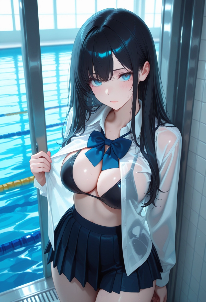 1girl, breasts, skirt, solo, black hair, blue eyes · Yamete.gg