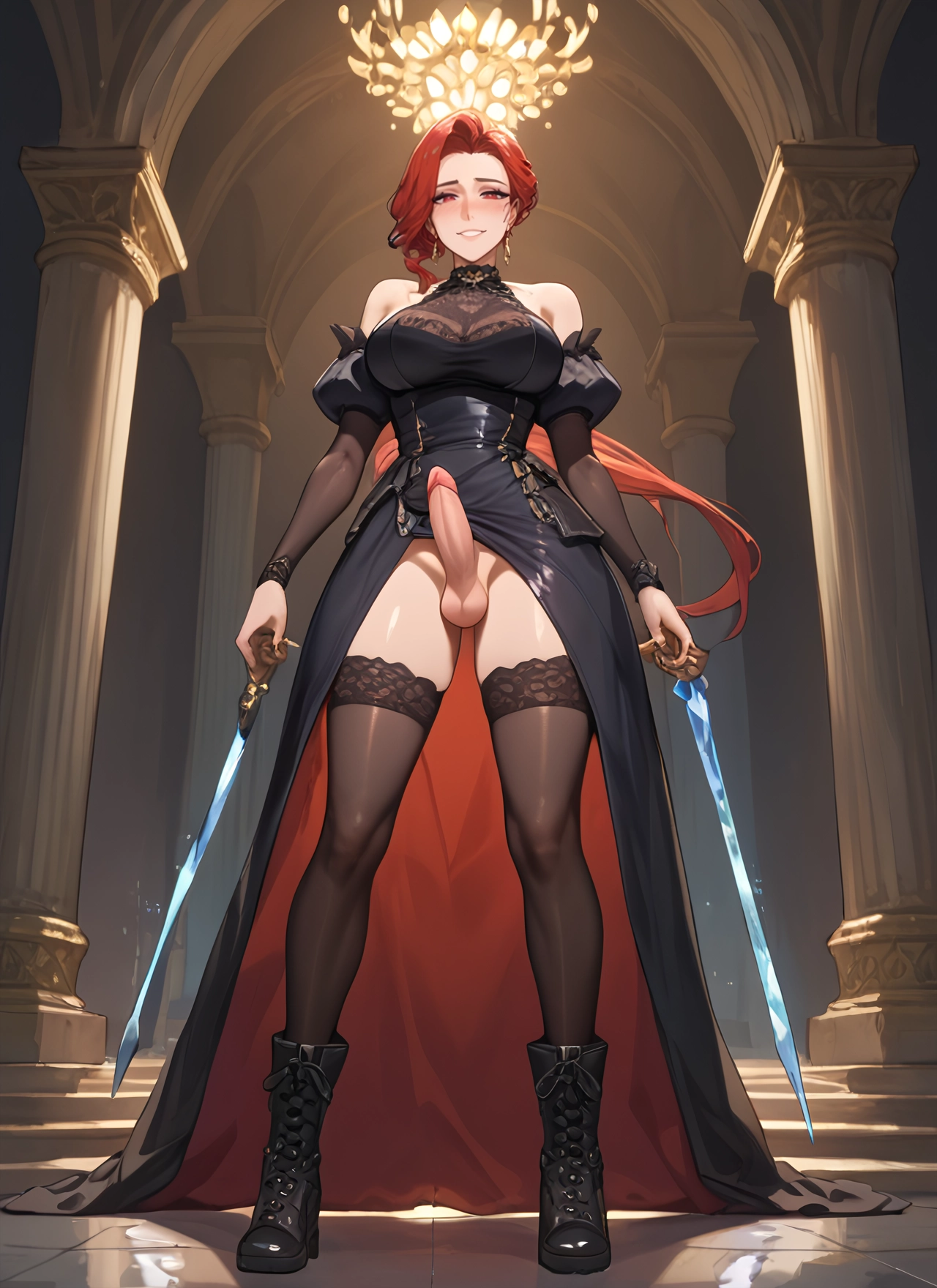 futanari, penis, 1girl, thighhighs, solo, weapon · Yamete.gg