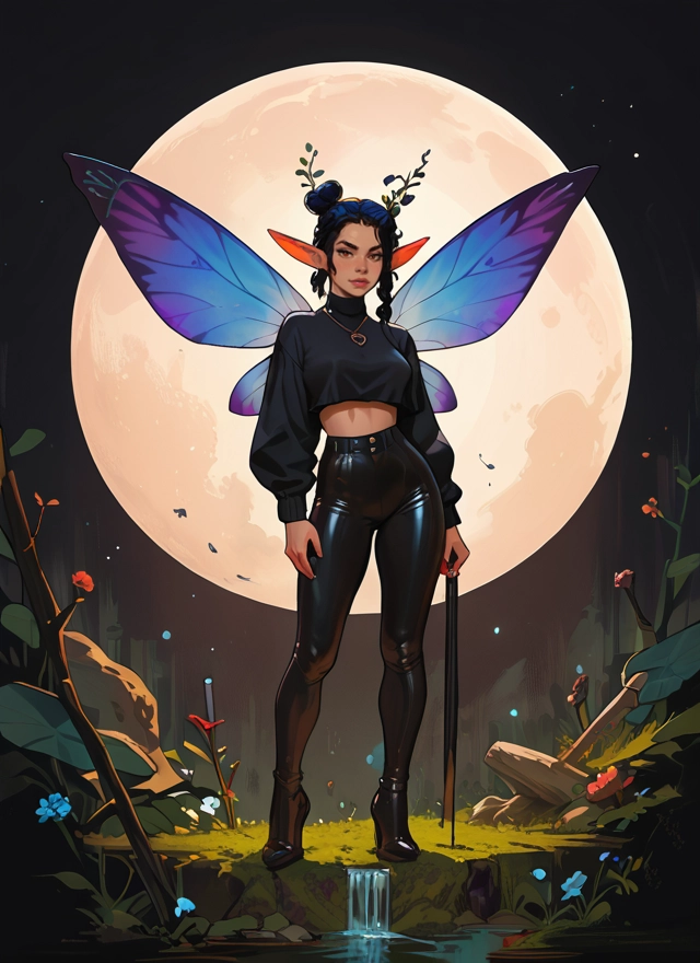 1girl, wings, moon, pointy ears, solo, pants · Yamete.gg