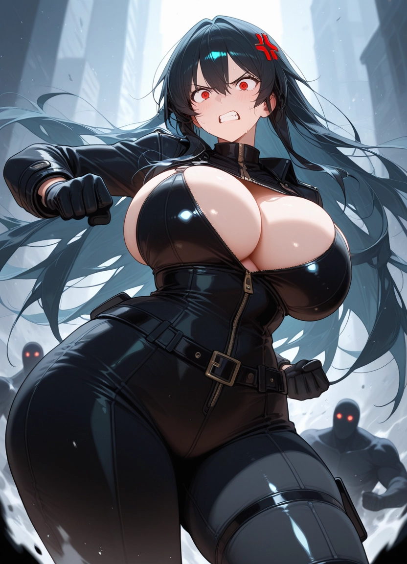 breasts, 1girl, red eyes, long hair, black hair, gloves