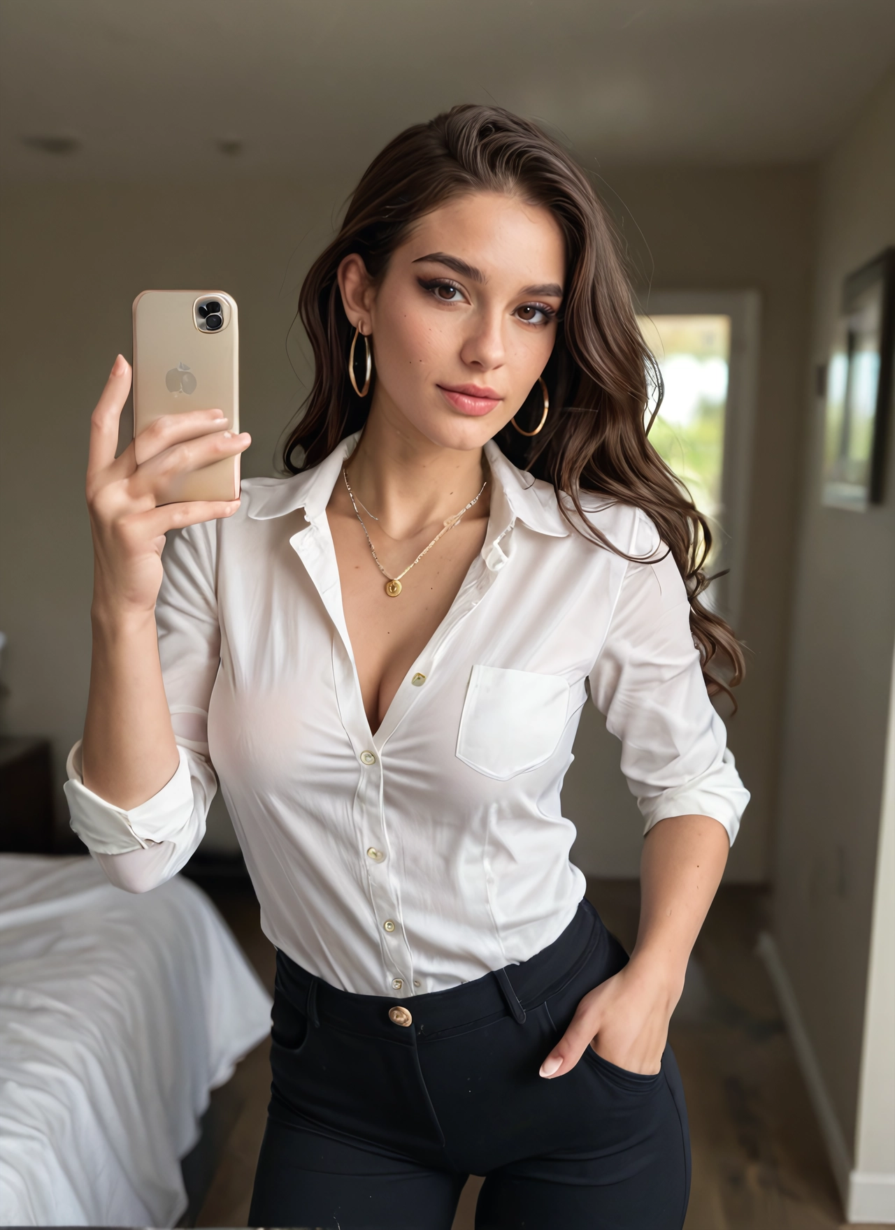 1girl, jewelry, phone, earrings, breasts, solo · Yamete.gg