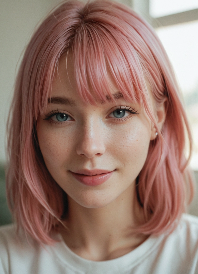 1girl, realistic, solo, teeth, pink hair, smile