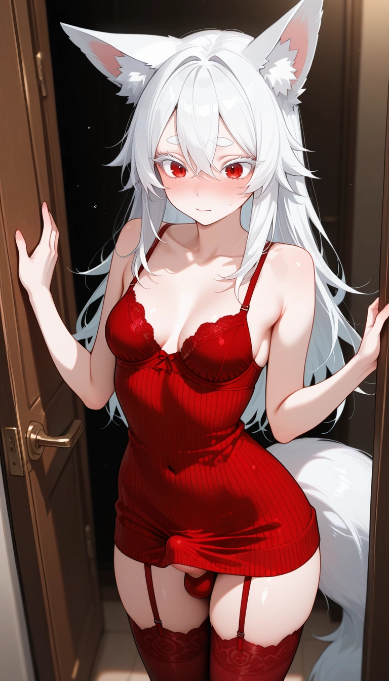 futanari, red thighhighs, garter straps, 1girl, solo, red eyes