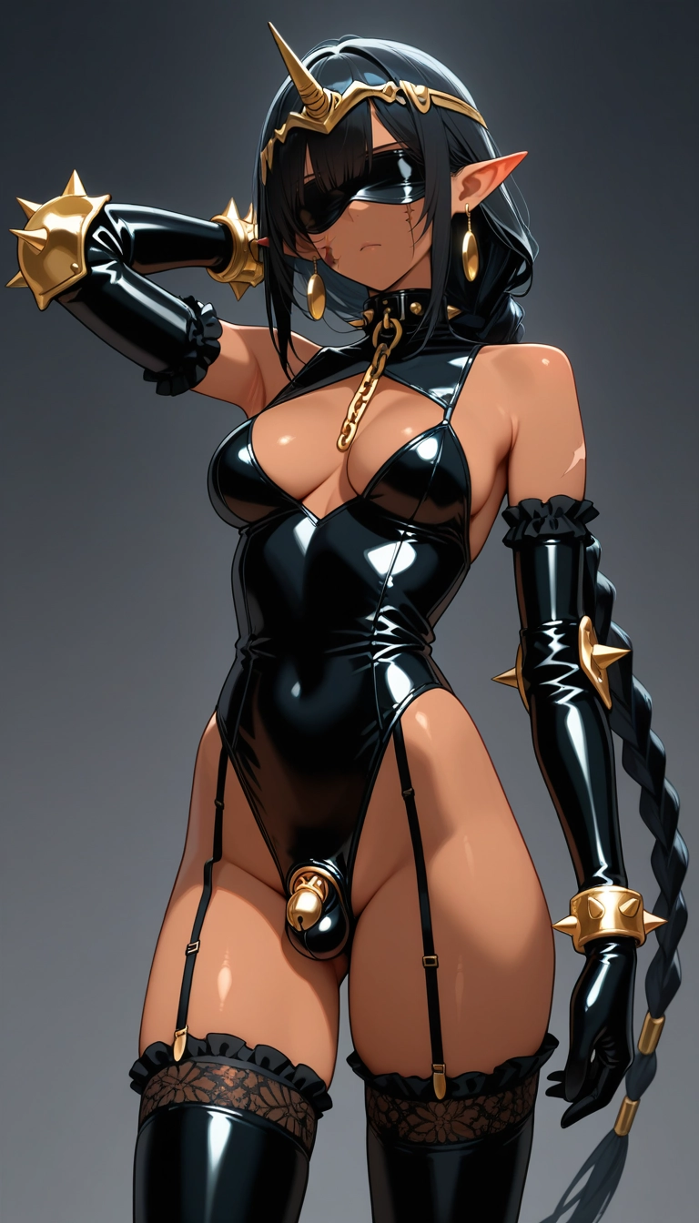 1girl, jewelry, pointy ears, solo, leotard, black hair · Yamete.gg