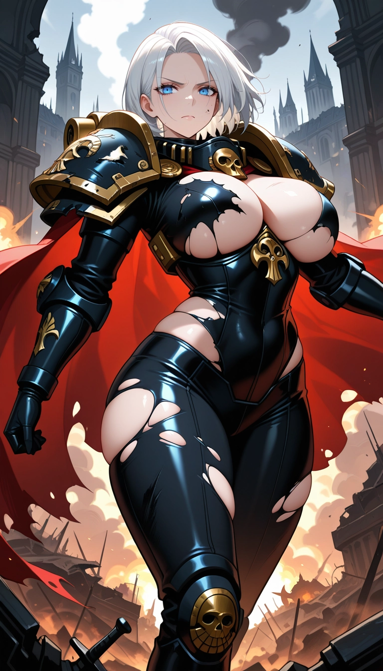 1girl, breasts, armor, torn clothes, blue eyes, shoulder armor · Yamete.gg