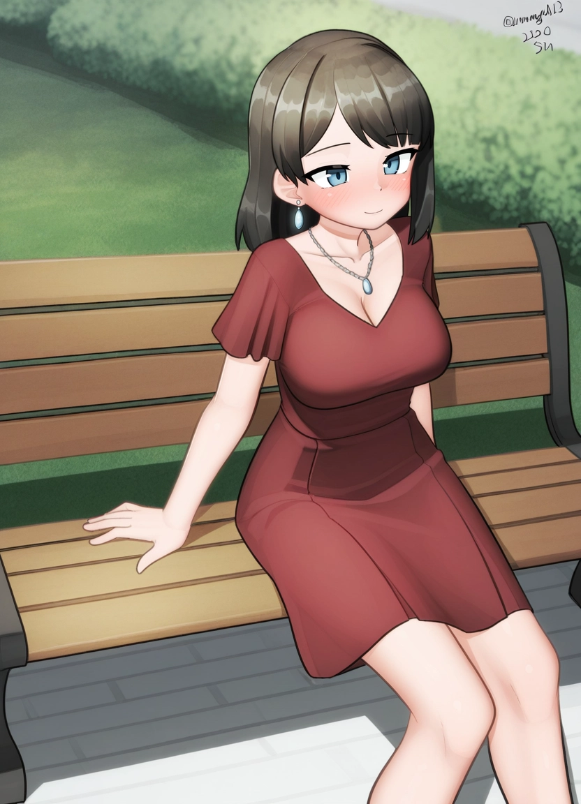 1girl, bench, dress, jewelry, breasts, solo · Yamete.gg