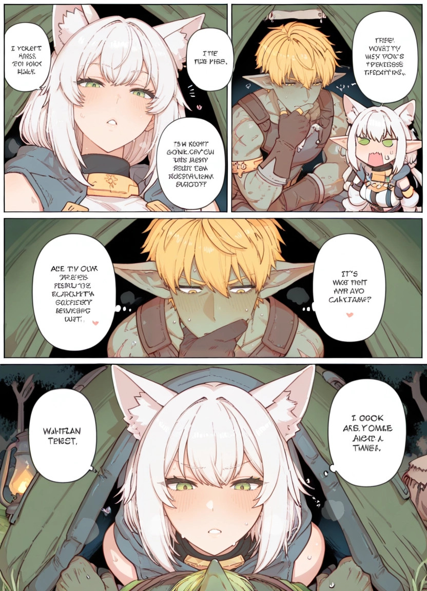 1girl, animal ears, 1boy, comic, pointy ears, green eyes