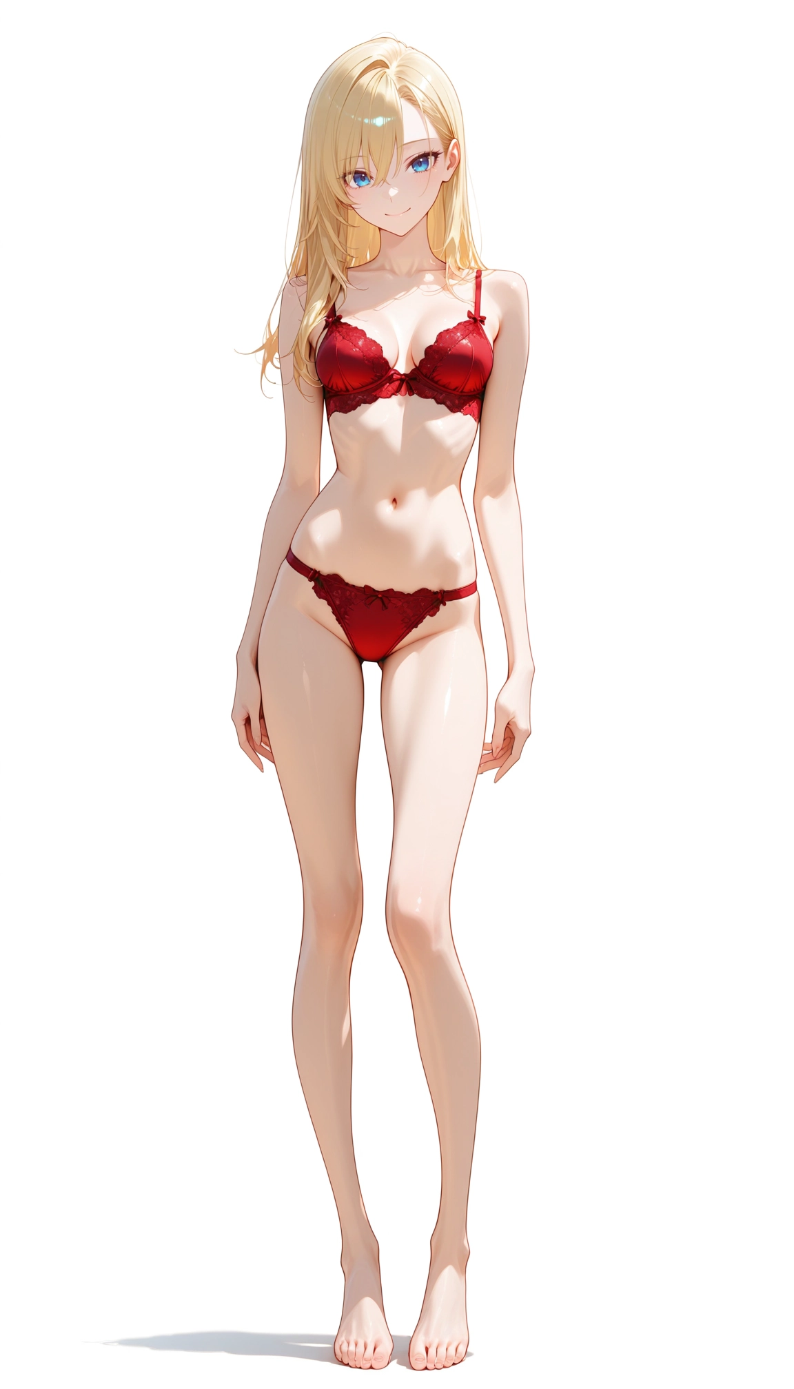 1girl, solo, underwear, red panties, panties, blonde hair · Yamete.gg