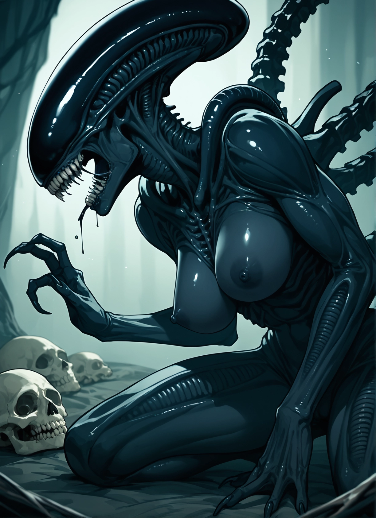 1girl, breasts, nipples, skull, teeth, open mouth · Yamete.gg