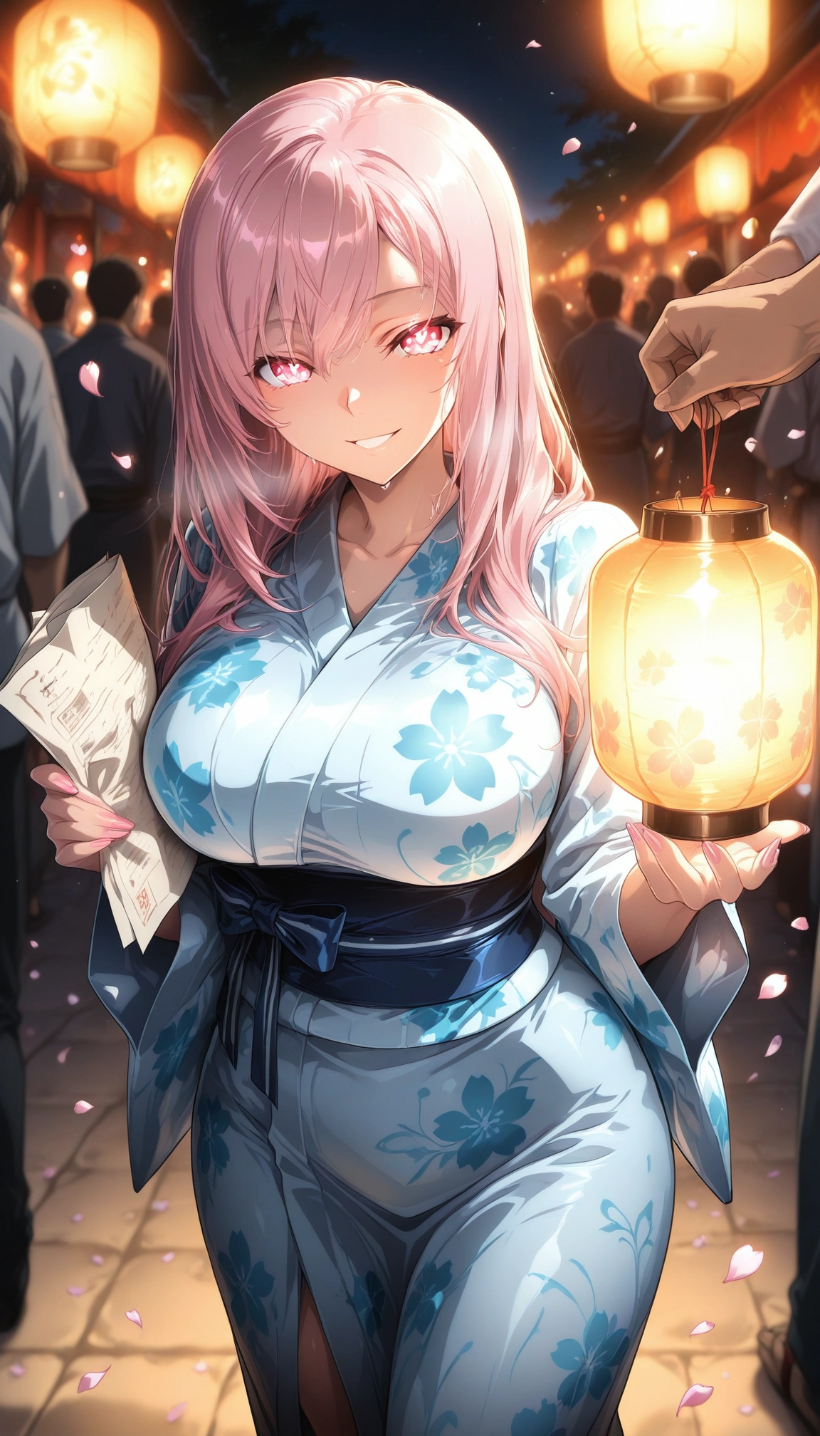 breasts, japanese clothes, pink hair, kimono, lantern, large breasts · Yamete.gg
