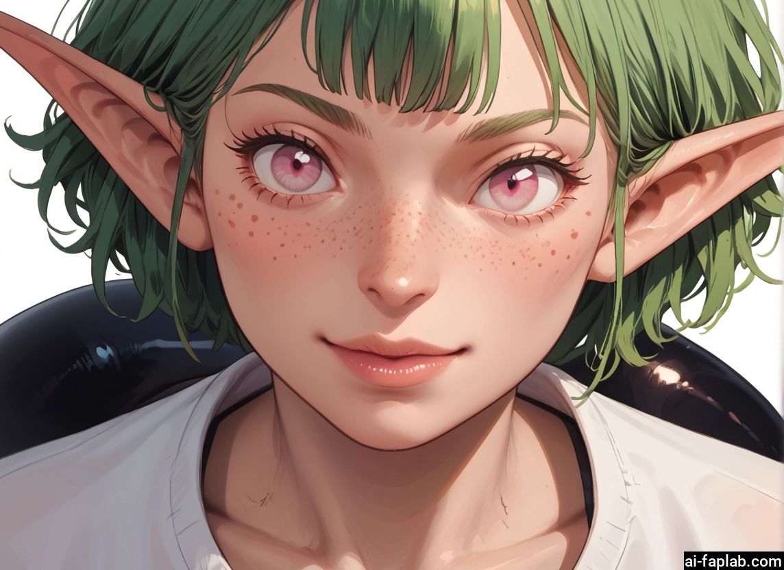 1girl, pointy ears, solo, green hair, freckles, short hair · Yamete.gg