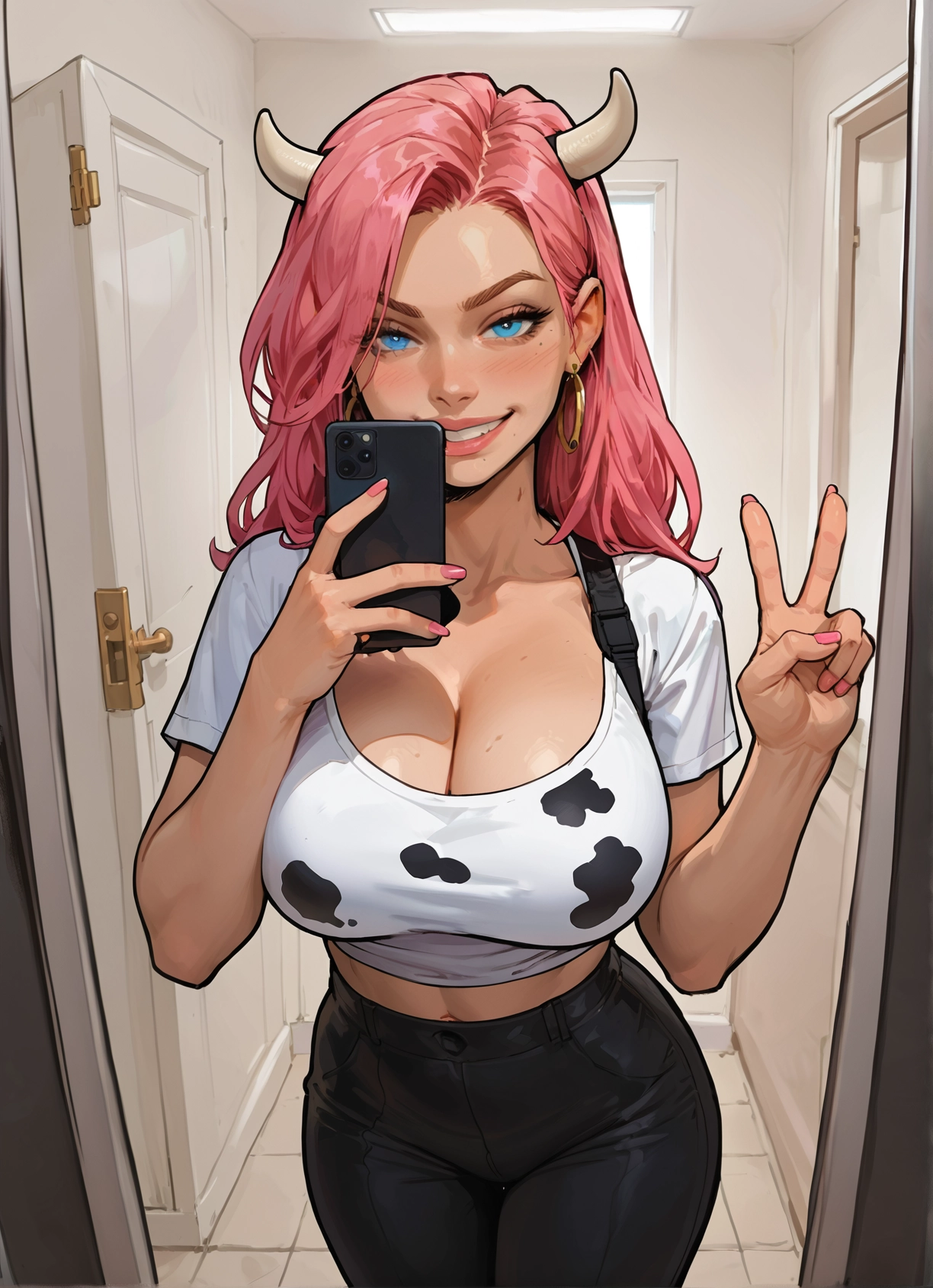1girl, breasts, horns, phone, pink hair, jewelry · Yamete.gg