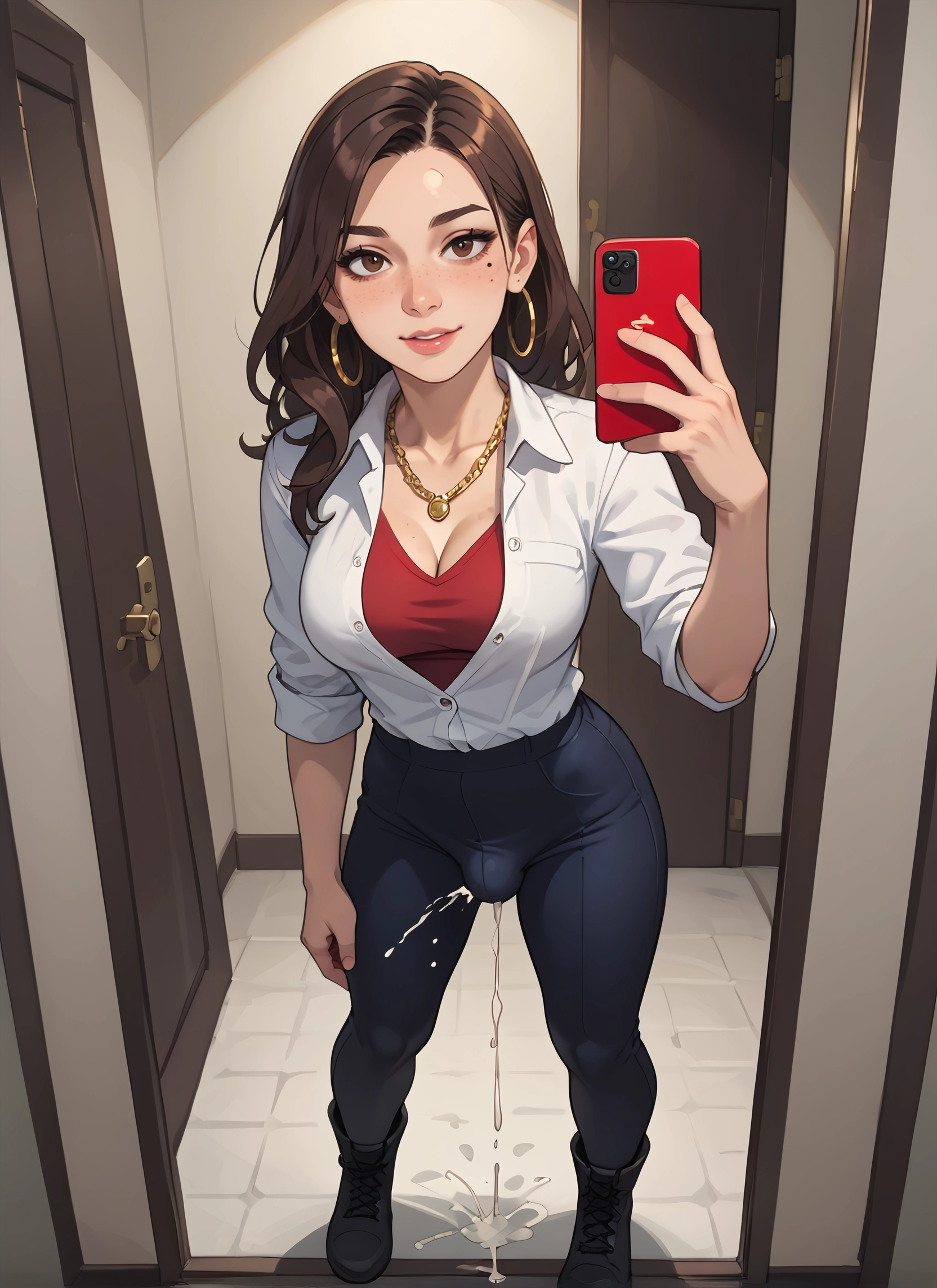 futanari, 1girl, breasts, jewelry, brown hair, phone · Yamete.gg