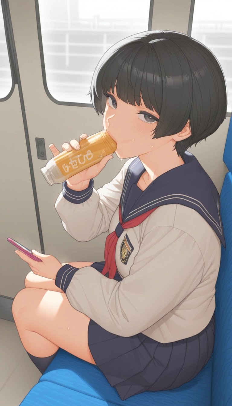 1girl, solo, school uniform, skirt, short hair, phone