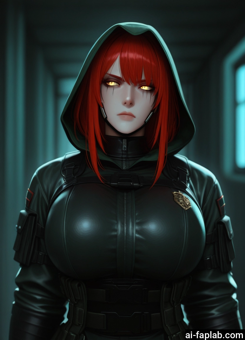 1girl, breasts, red hair, yellow eyes, hood, solo · Yamete.gg