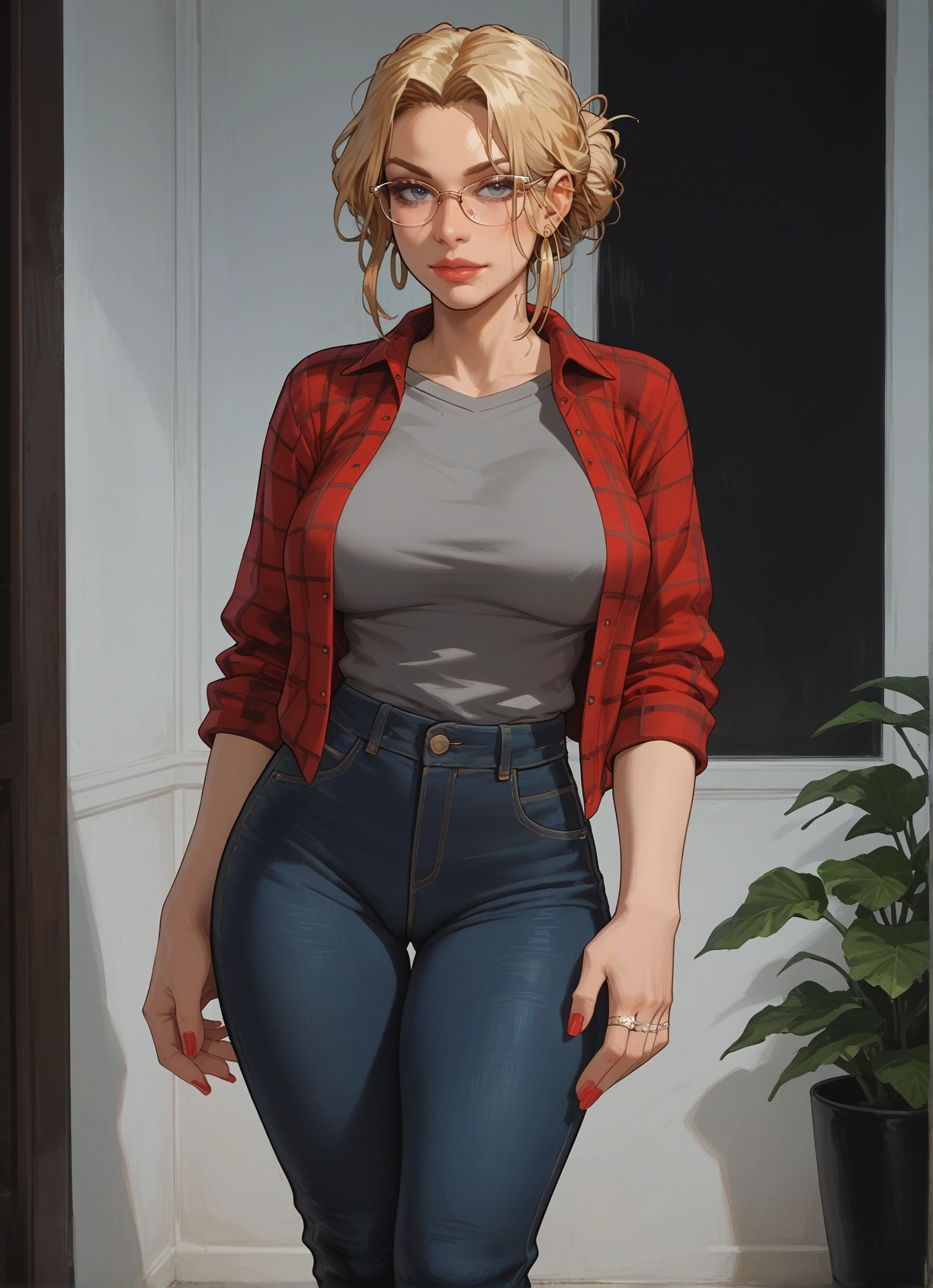 1girl, blonde hair, pants, jewelry, blue eyes, ring · Yamete.gg