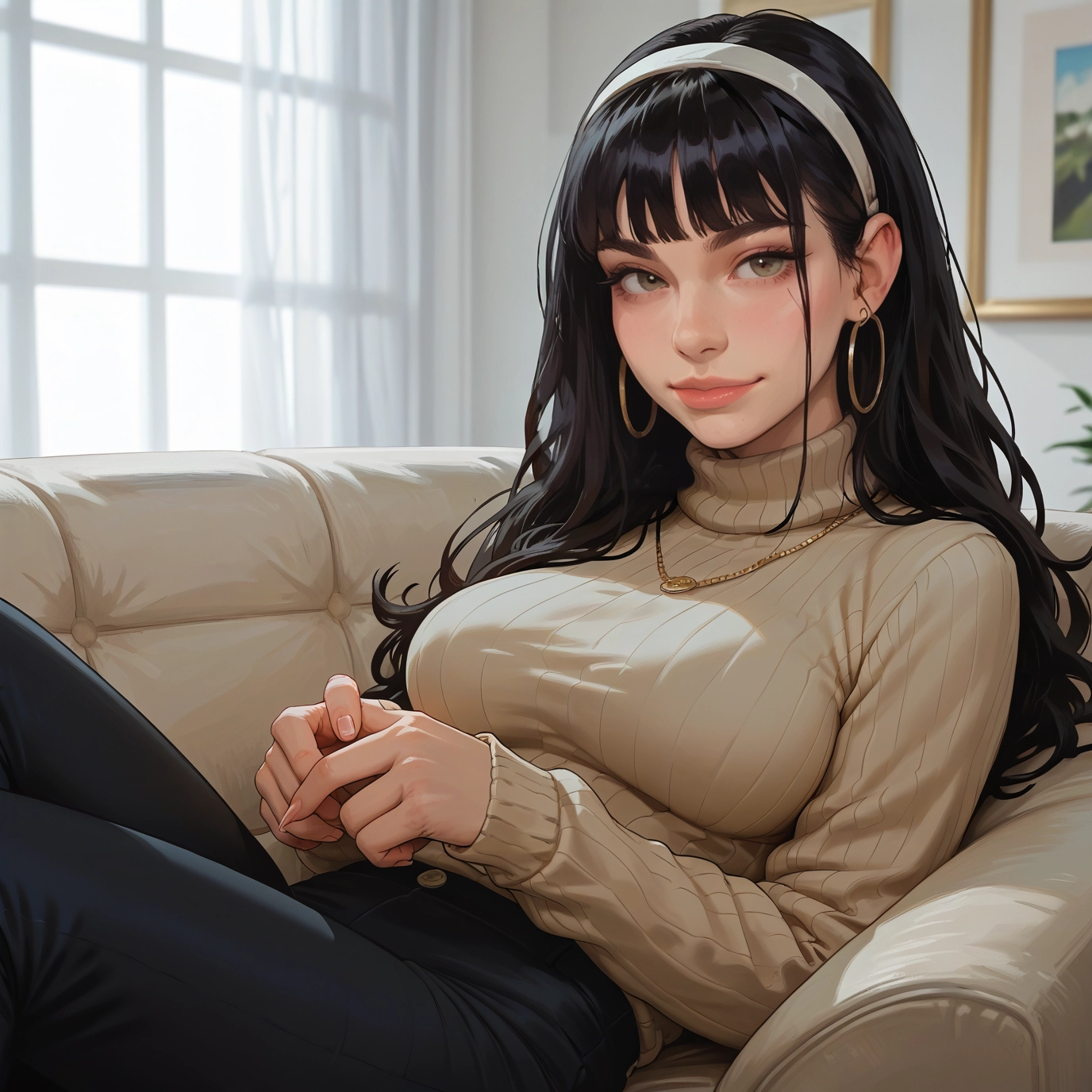 1girl, jewelry, earrings, breasts, black hair, sweater · Yamete.gg