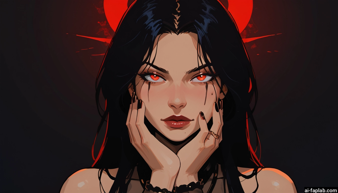 1girl, black hair, solo, mole, red eyes, ring · Yamete.gg