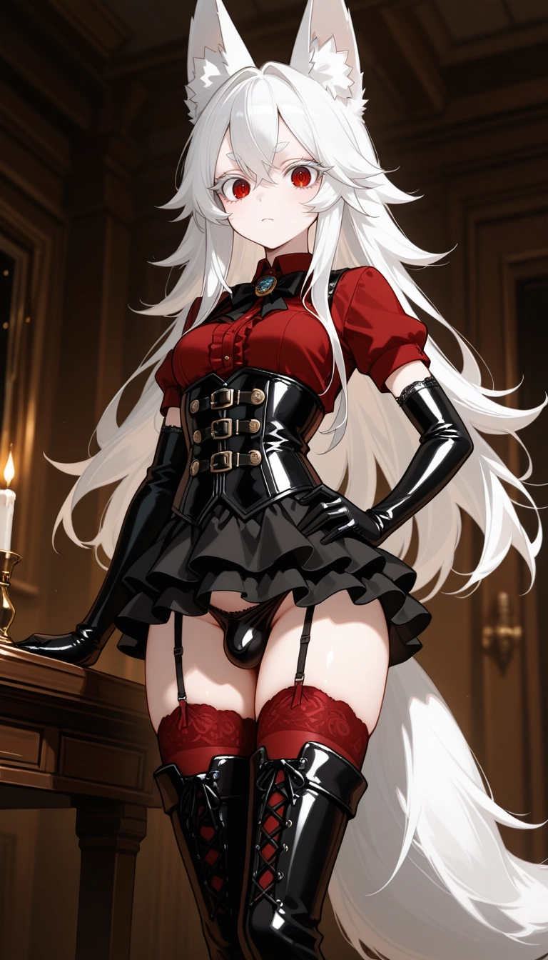 red thighhighs, gloves, thighhighs, solo, garter straps, boots · Yamete.gg