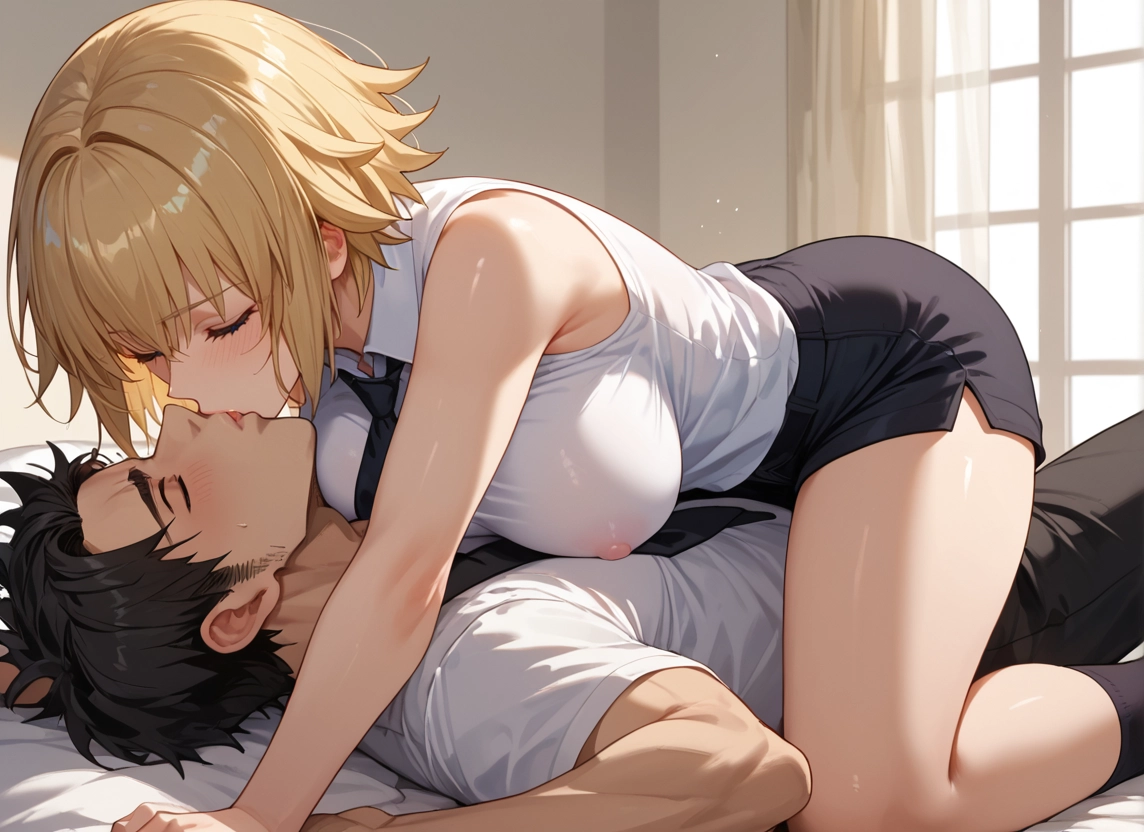 1girl, 1boy, breasts, kiss, blonde hair, shorts · Yamete.gg