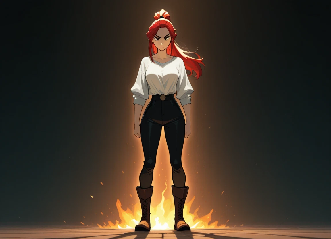 1girl, solo, red hair, boots, pants, shirt