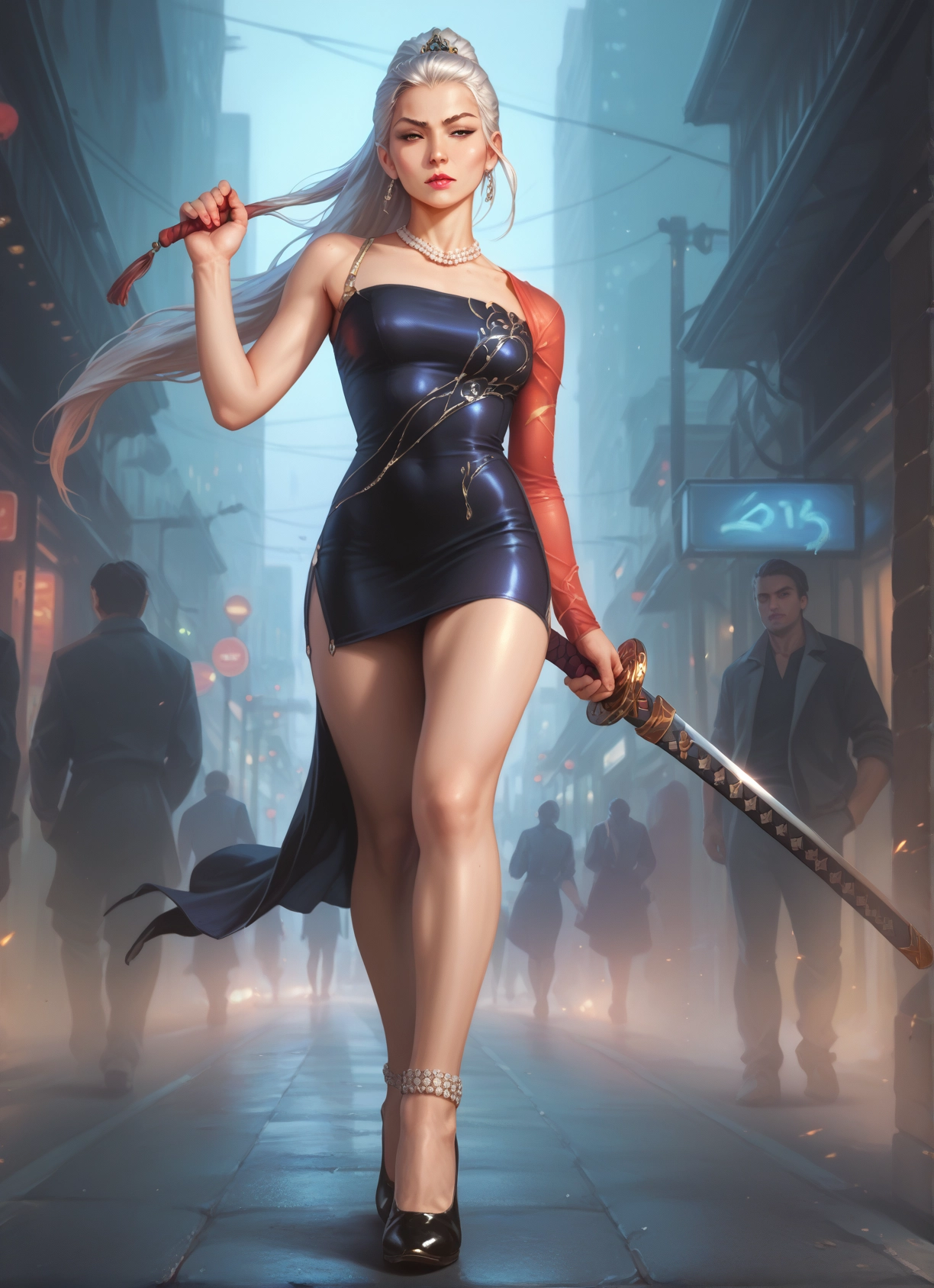 weapon, sword, 1girl, dress, jewelry, long hair · Yamete.gg