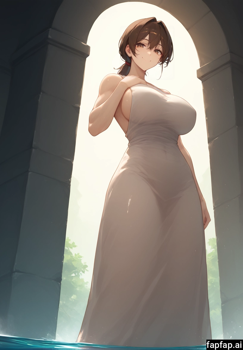 1girl, breasts, solo, dress, brown hair, white dress · Yamete.gg