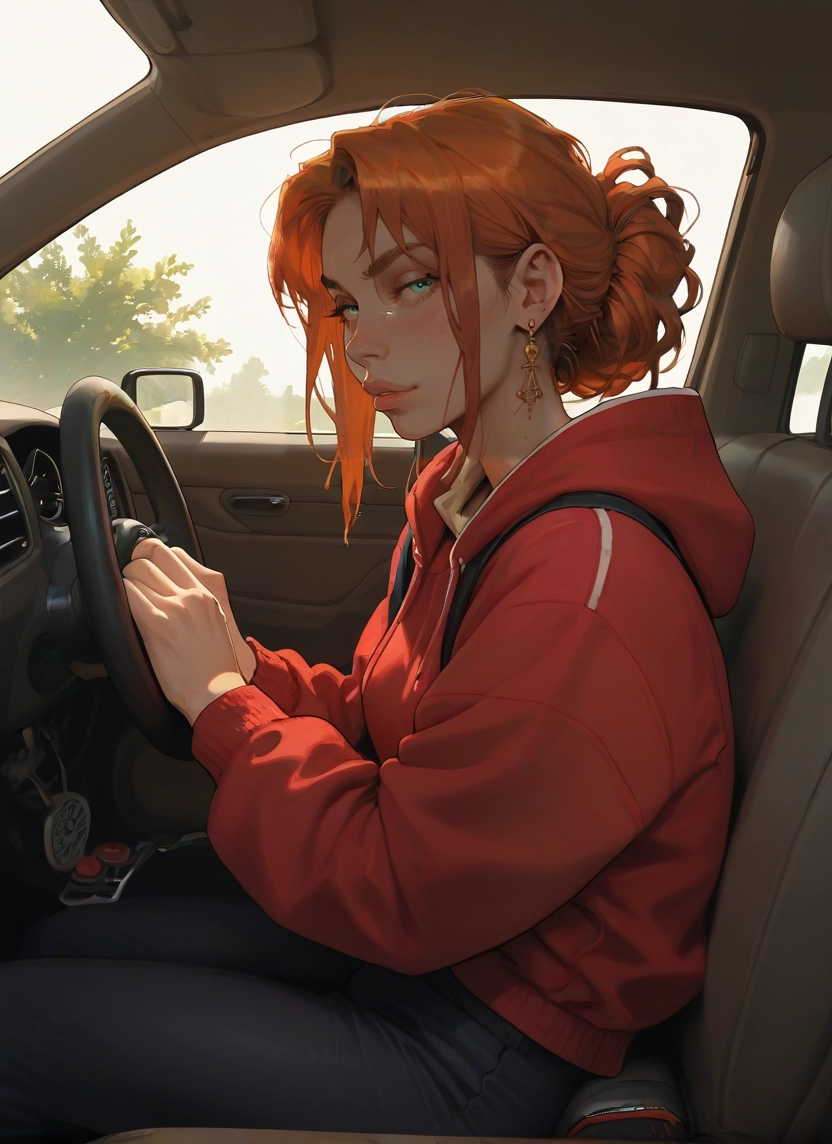 1girl, jewelry, earrings, hood, solo, car interior