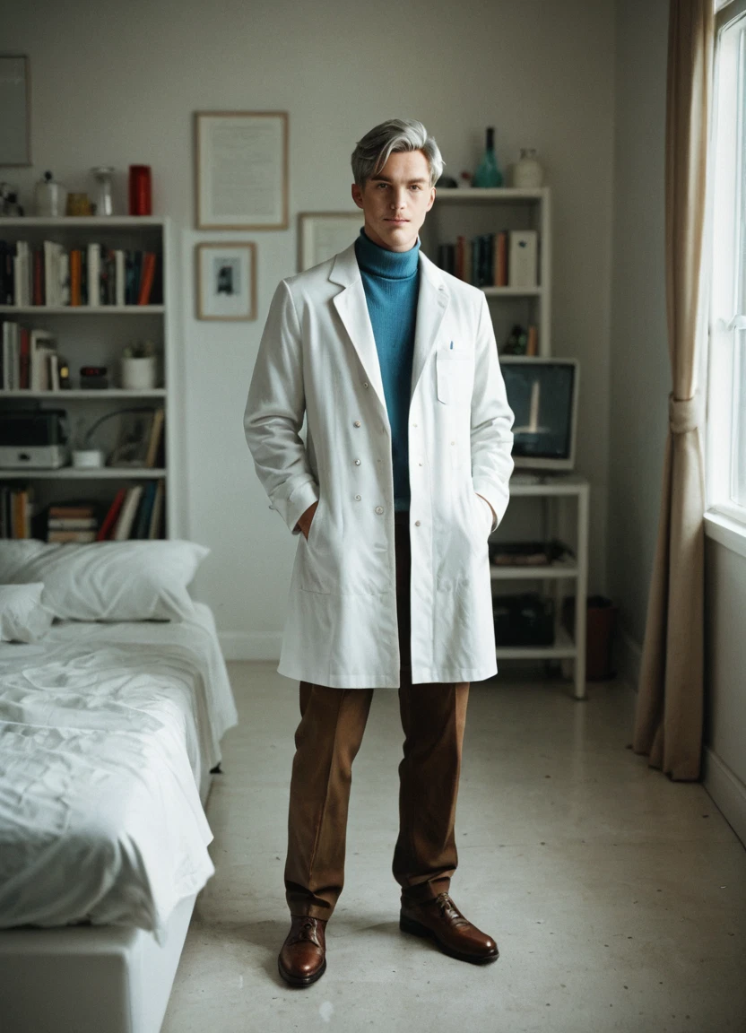 1boy, male focus, solo, lab coat, indoors, pants