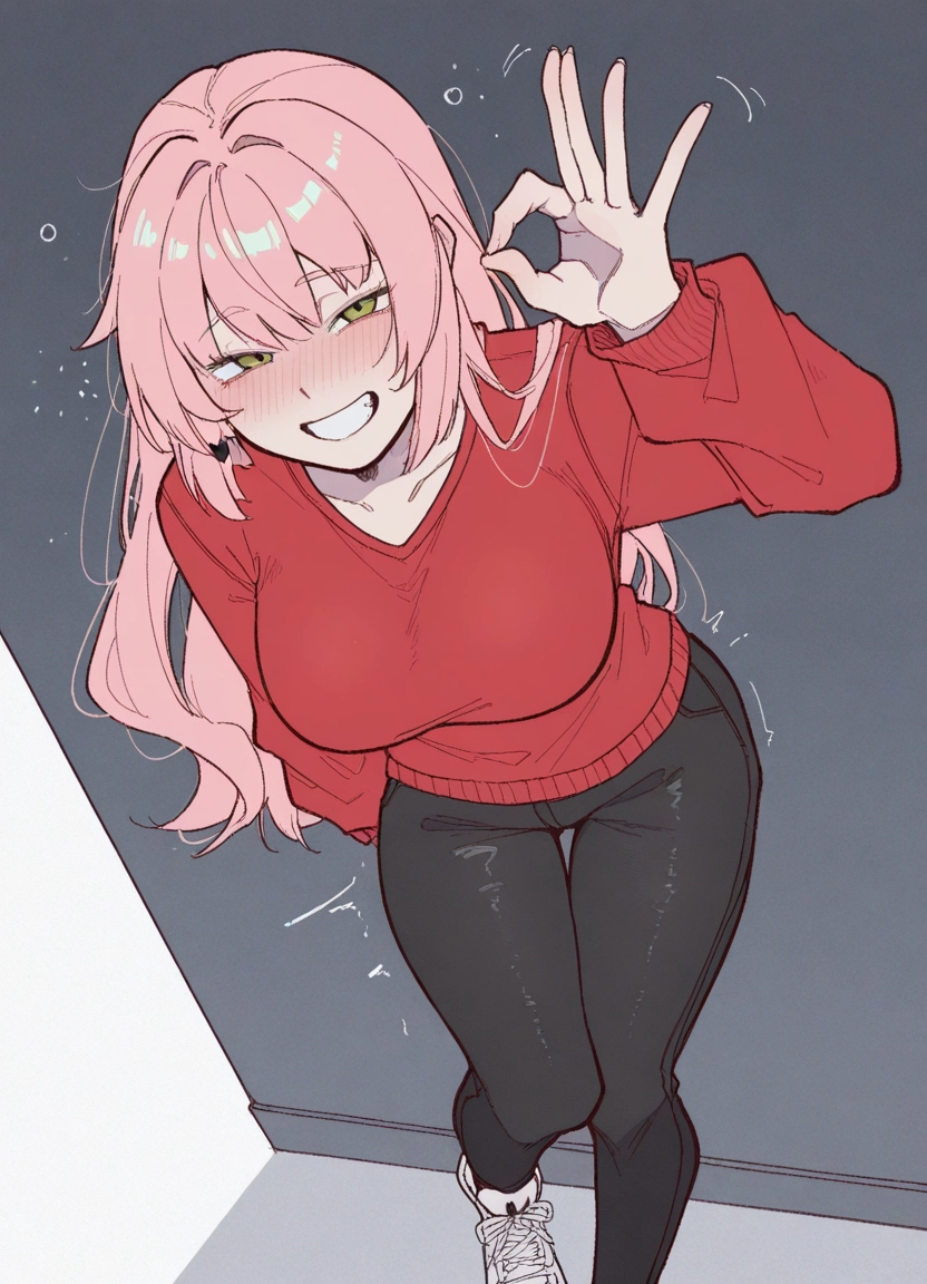 1girl, pink hair, smile, blush, breasts, pants · Yamete.gg