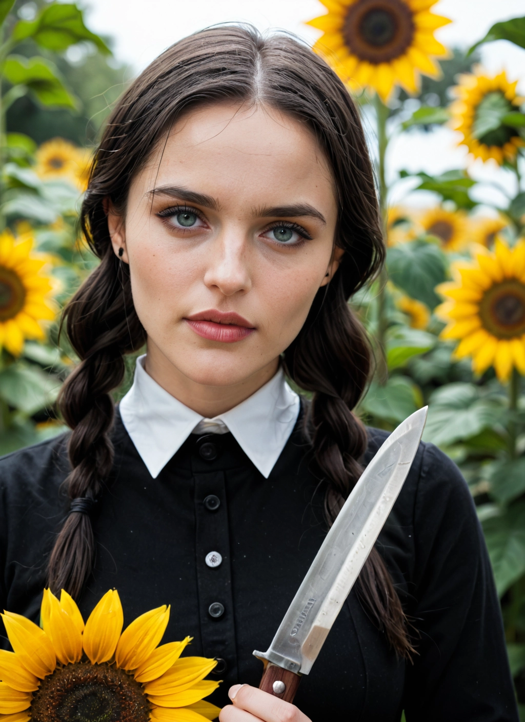 1girl, flower, solo, sunflower, knife, braid · Yamete.gg