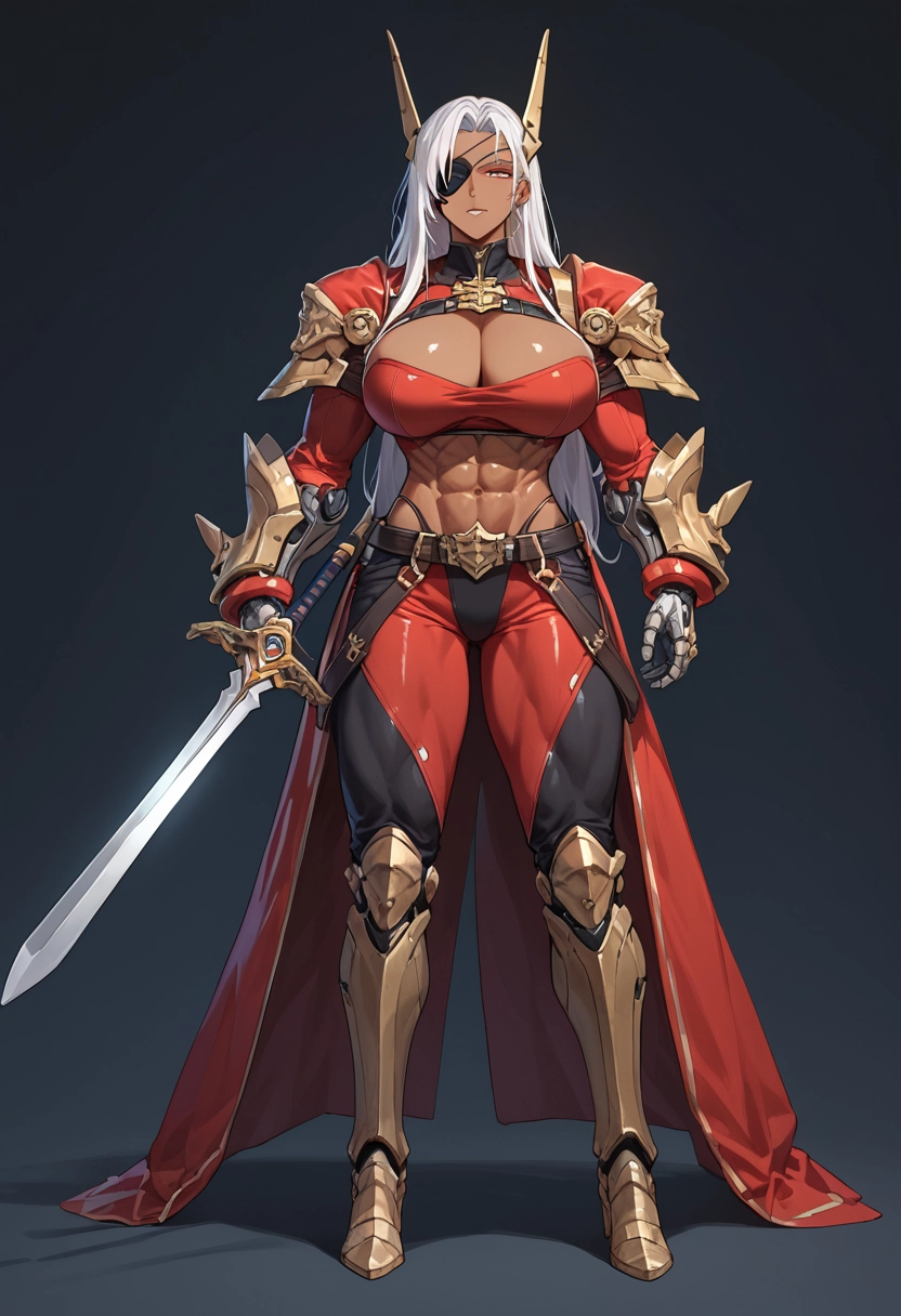 1girl, weapon, breasts, sword, eyepatch, dark skin