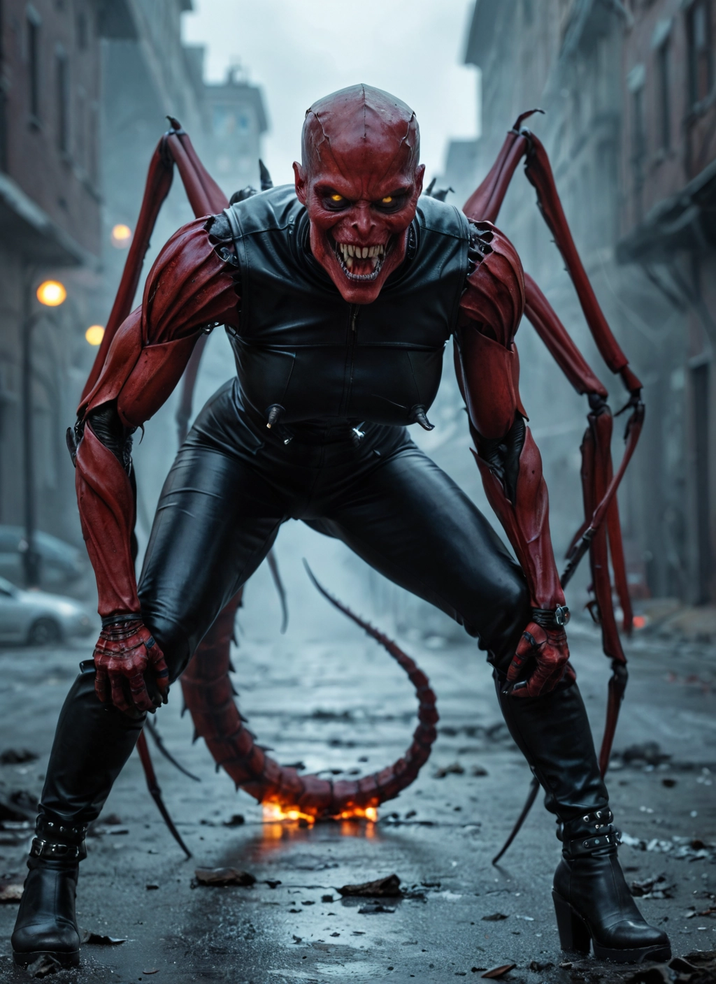 solo, teeth, boots, high heels, sharp teeth, colored sclera · Yamete.gg
