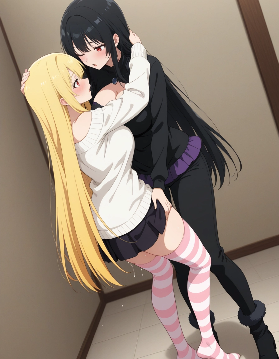 multiple girls, 2girls, sweater, thighhighs, long hair, breasts