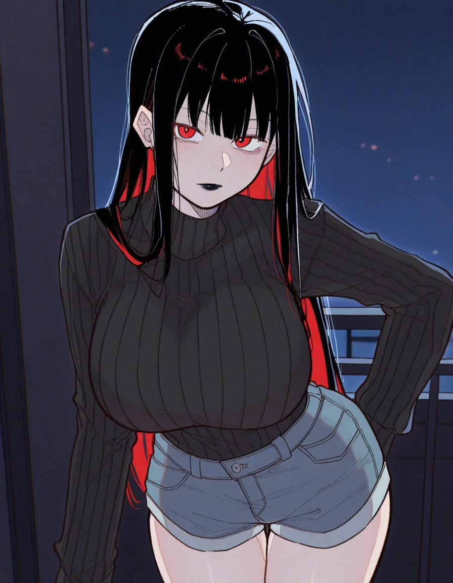 1girl, breasts, shorts, red eyes, black hair, sweater · Yamete.gg
