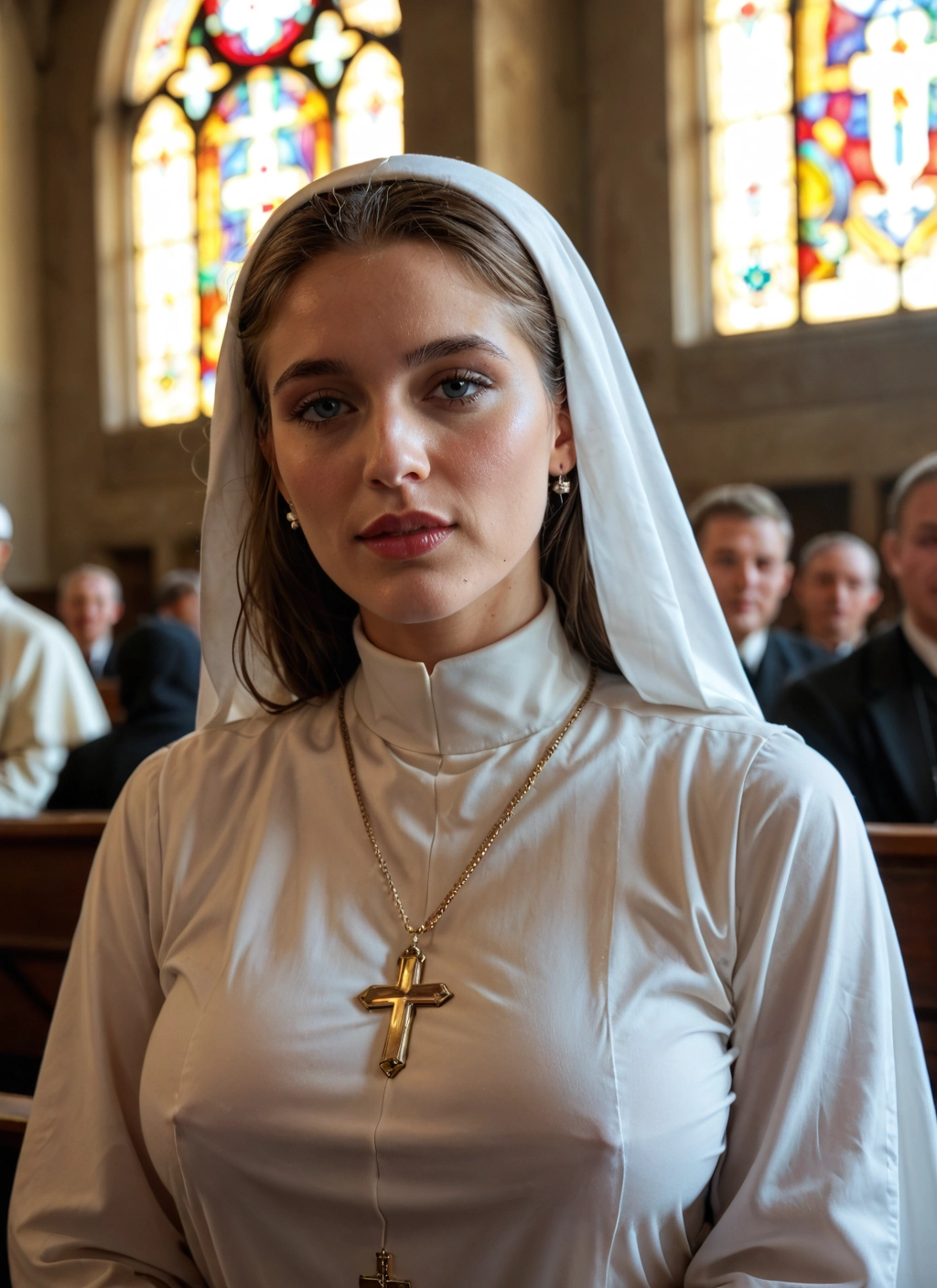 1girl, jewelry, nun, cross, earrings, necklace