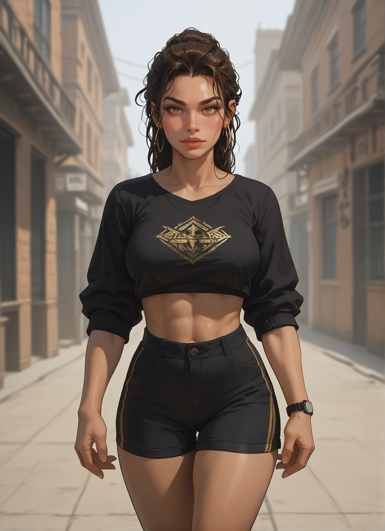 1girl, jewelry, shorts, earrings, solo, watch · Yamete.gg