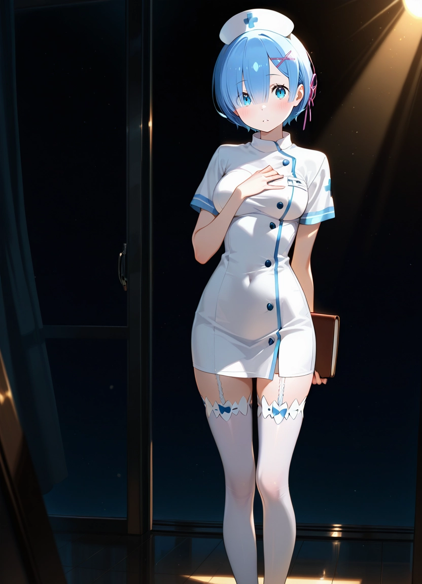 1girl, solo, x hair ornament, short hair, garter straps, blue hair · Yamete.gg