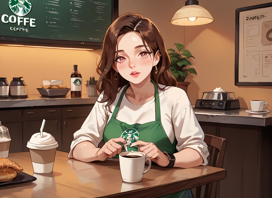 1girl, brown hair, solo, cafe, jewelry, cup · Yamete.gg