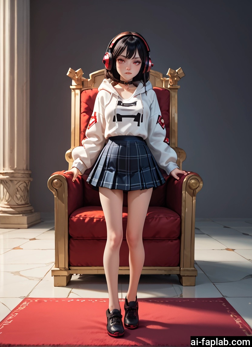 1girl, solo, skirt, headphones, hood, shoes