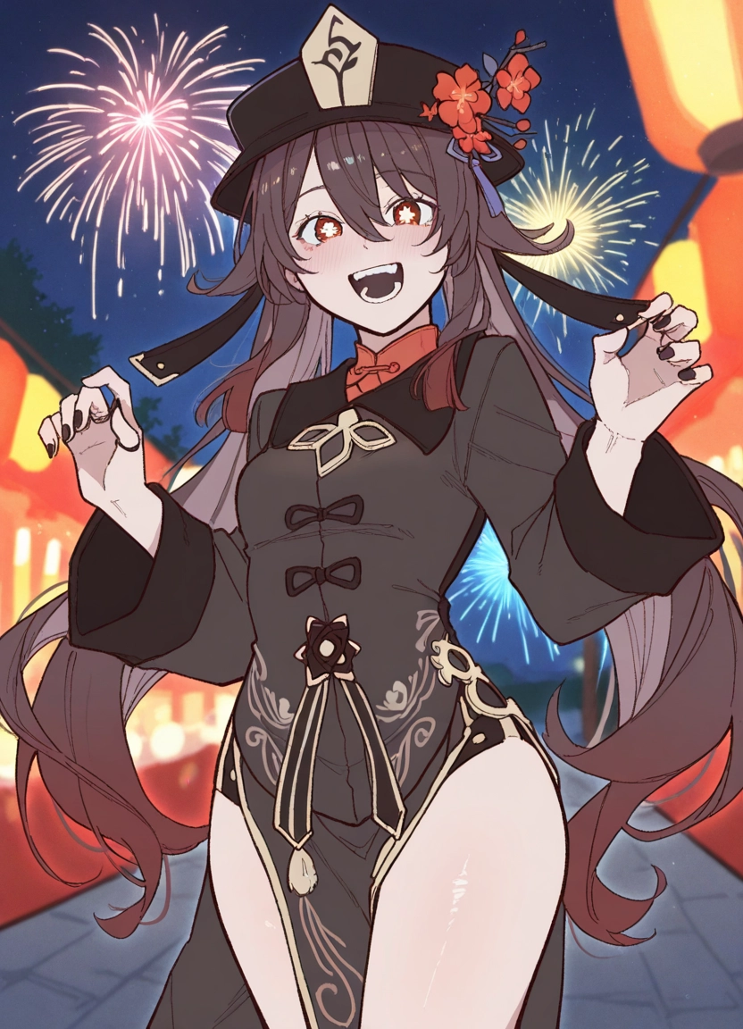 1girl, fireworks, open mouth, solo, brown hair, black nails · Yamete.gg