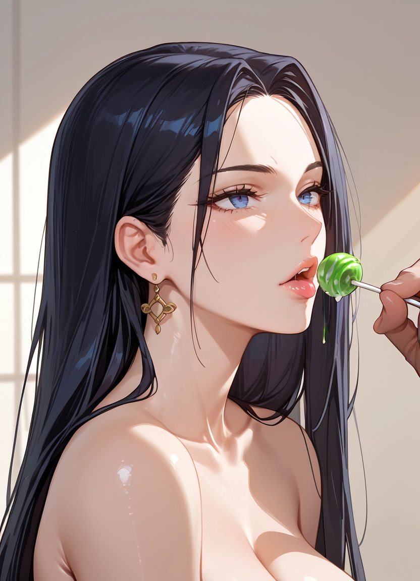 1girl, candy, blue eyes, food, black hair, jewelry · Yamete.gg