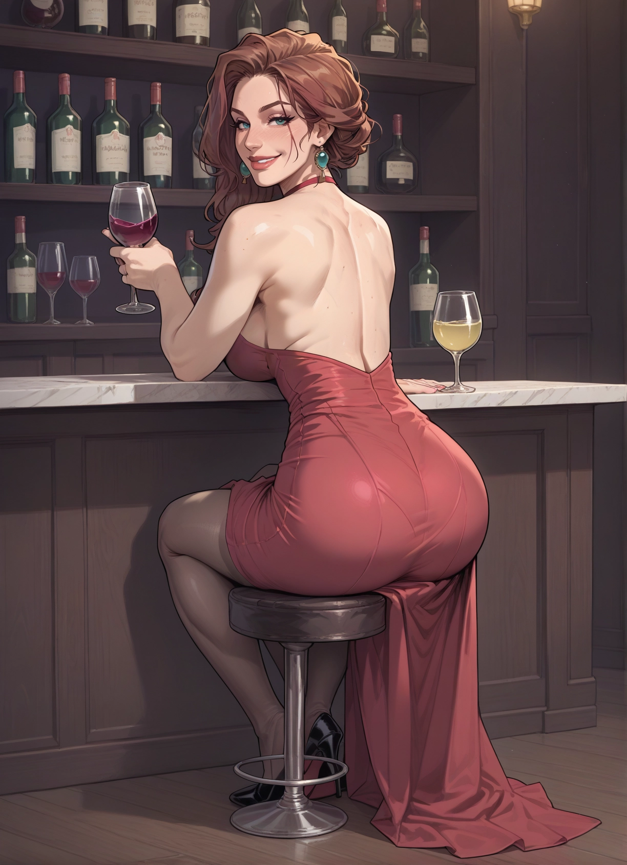 1girl, ass, dress, jewelry, cup, high heels · Yamete.gg
