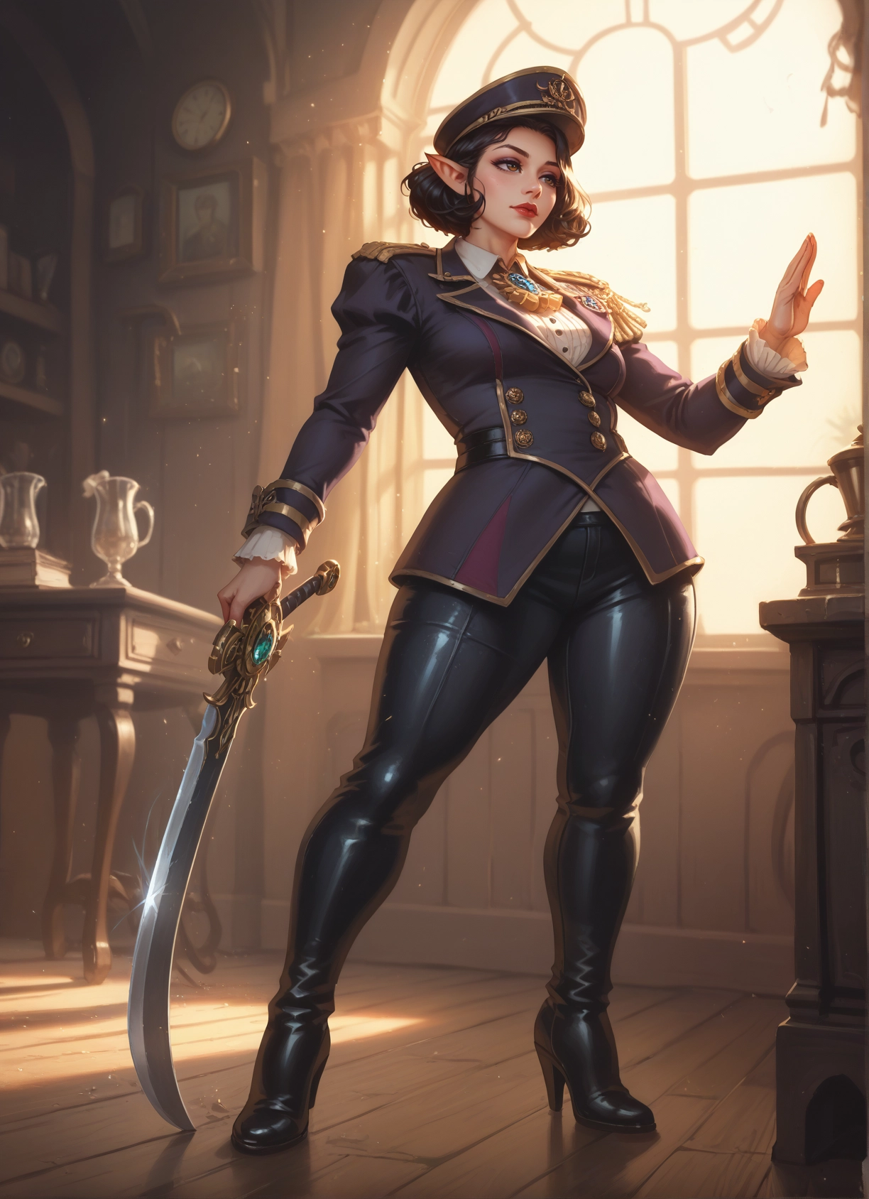 1girl, weapon, sword, pointy ears, hat, solo · Yamete.gg