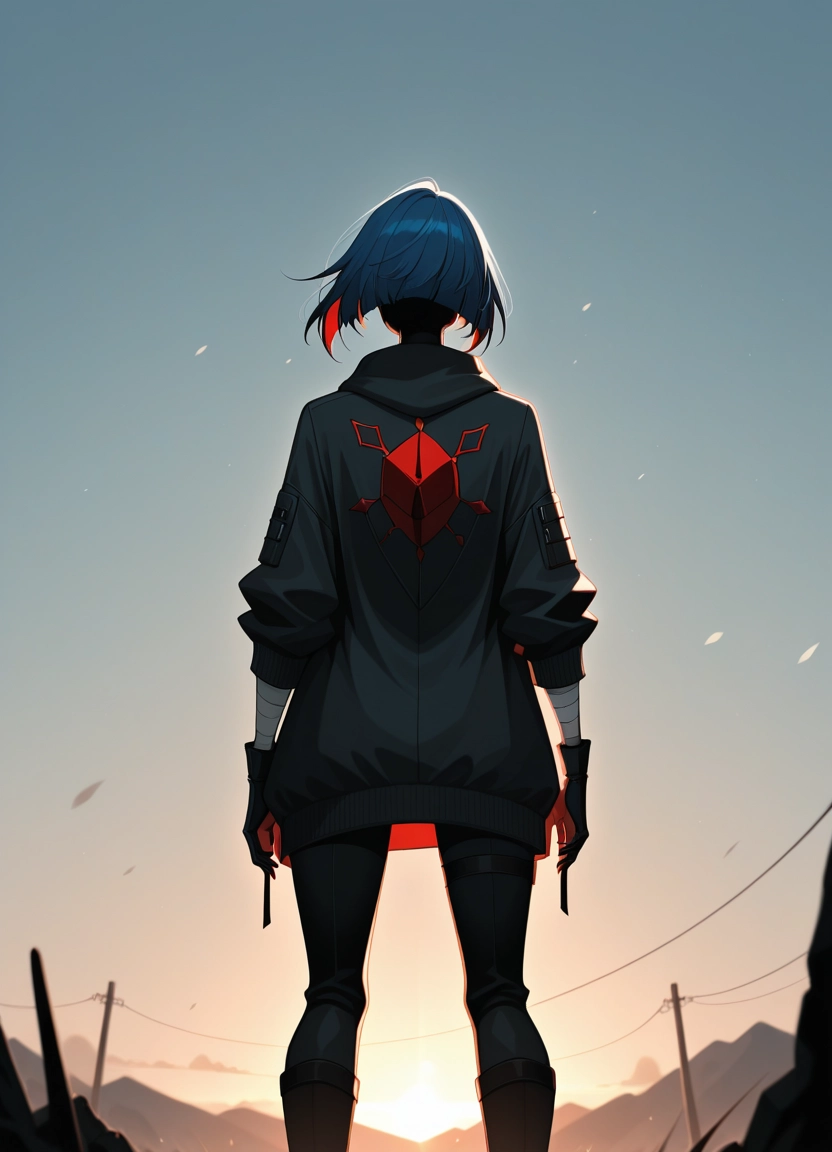 1girl, solo, red hair, multicolored hair, from behind, gloves