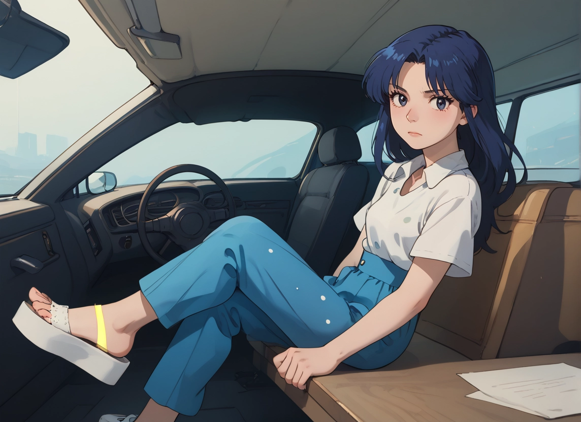 1girl, solo, long hair, blue eyes, pants, sitting