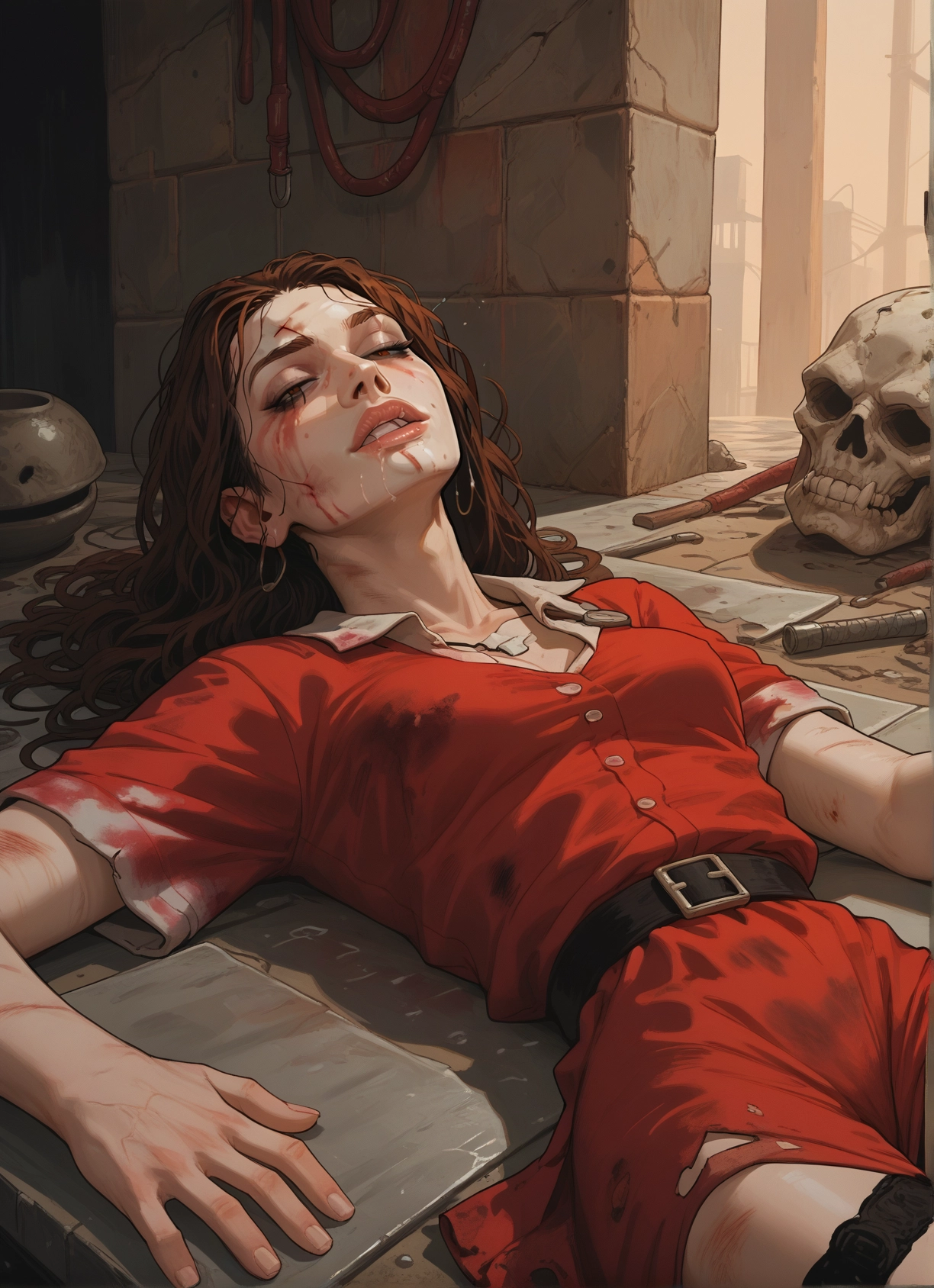 1girl, jewelry, skull, earrings, lying, on back · Yamete.gg